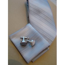 Set stropdas pochet manchetknopen zilvergrijs smalle streep